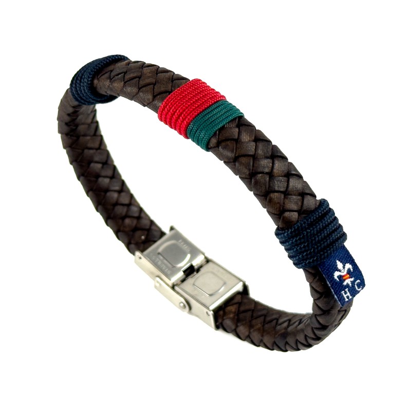 PULSERA MENORCA PIEL MARRÓN Y CN AZUL MARINO, VERDE Y ROJO